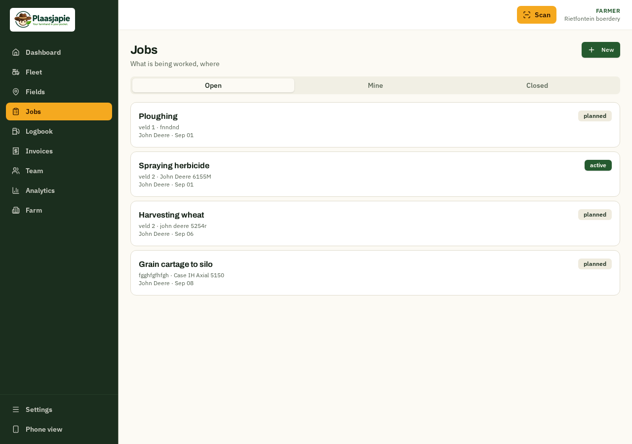 Plaasjapie jobs list showing assigned tasks and statuses