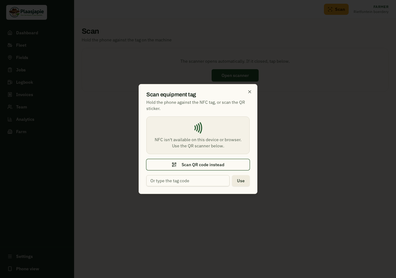 Plaasjapie scan screen for NFC and QR tag logging