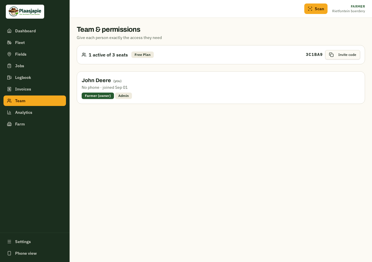 Plaasjapie team management page showing roles and invitations