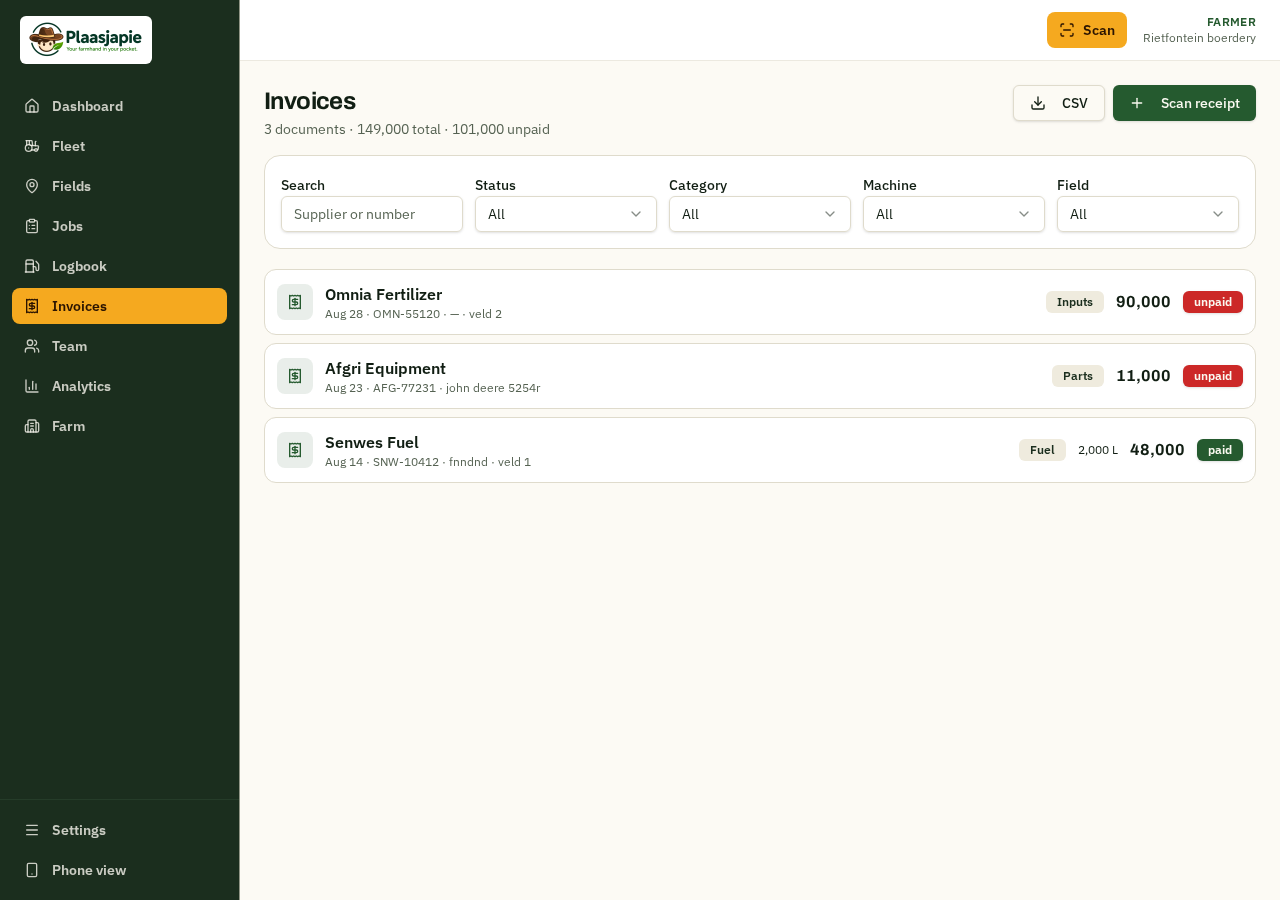 Plaasjapie invoice capture and allocation screen