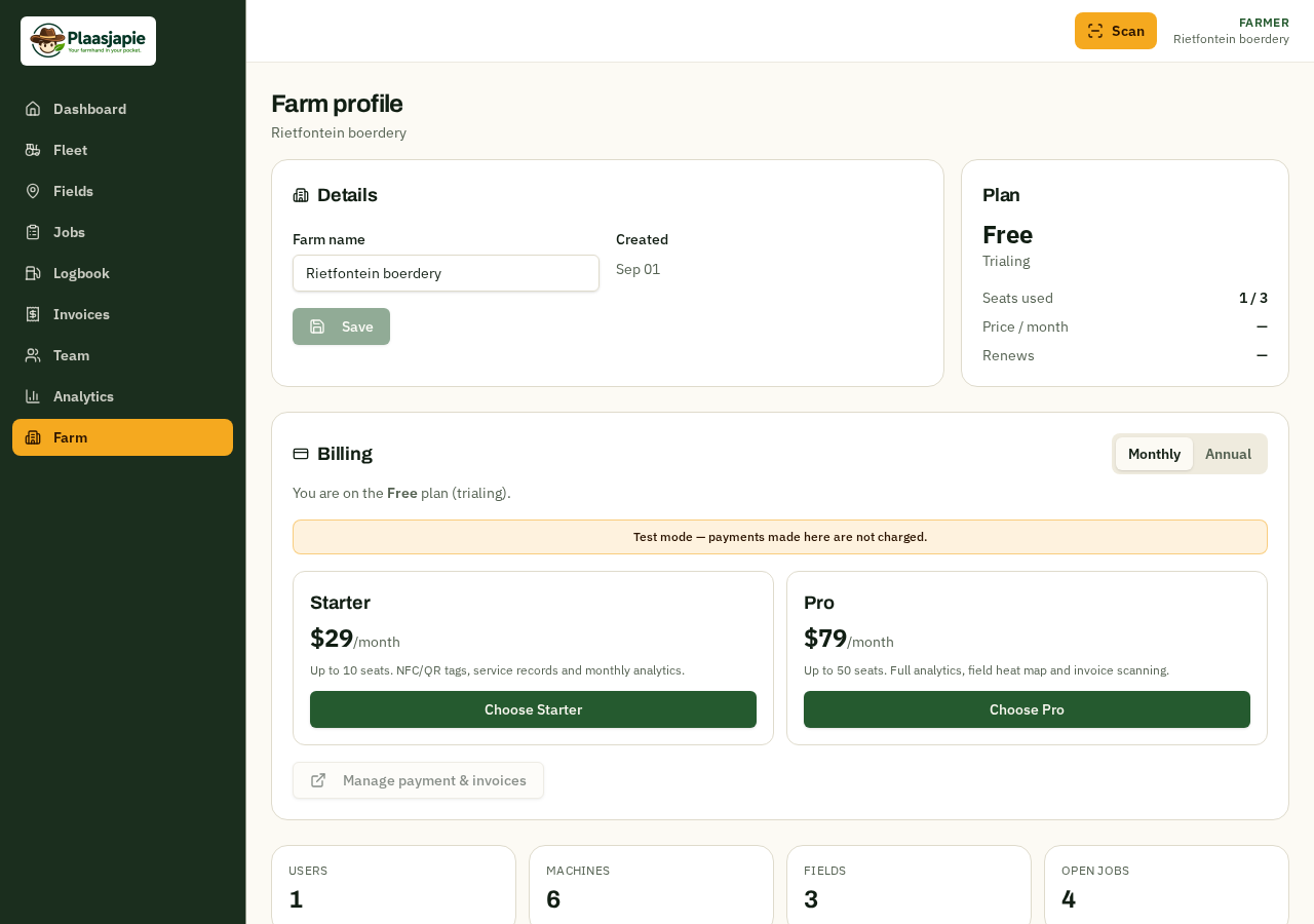 Plaasjapie farm profile and billing settings page