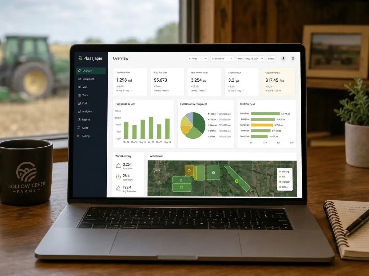 Plaasjapie analytics dashboard on a laptop showing fuel charts, cost per field, and an activity map